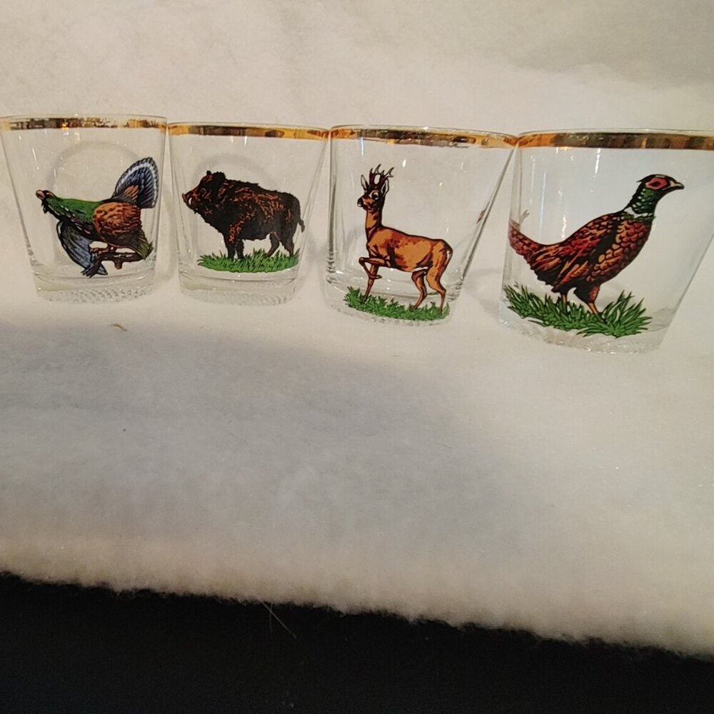 Vintage Whiskey Glasses Wildlife Animals Gold Trim Set of 4